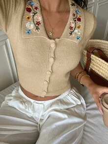 Sunnyshic Women's Casual Romantic Cute Versatile Sweet Embroidered Vintage Mori Style Beige Short Sleeve Cardigan Daytime Everyday Summer - Khaki - View 6