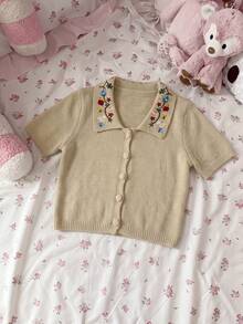 Sunnyshic Women's Casual Romantic Cute Versatile Sweet Embroidered Vintage Mori Style Beige Short Sleeve Cardigan Daytime Everyday Summer - Khaki - View 3