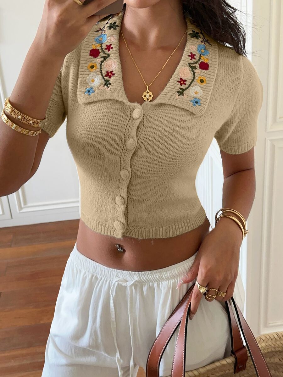 Sunnyshic Women's Casual Romantic Cute Versatile Sweet Embroidered Vintage Mori Style Beige Short Sleeve Cardigan Daytime Everyday Summer - Khaki - View 1