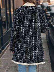 SHEIN Clasi 女士冬季优雅百搭保暖内衬外套，秋冬加厚大衣，女士冬季外套，女士粗花呢外套，女士格子外套，女士冬季外套，女士秋季毛绒内衬外套，女士秋冬加厚棉质长款保暖外套 - 黑與白 - 查看 2