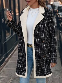 SHEIN Clasi 女士冬季优雅百搭保暖内衬外套，秋冬加厚大衣，女士冬季外套，女士粗花呢外套，女士格子外套，女士冬季外套，女士秋季毛绒内衬外套，女士秋冬加厚棉质长款保暖外套 - 黑與白 - 查看 6