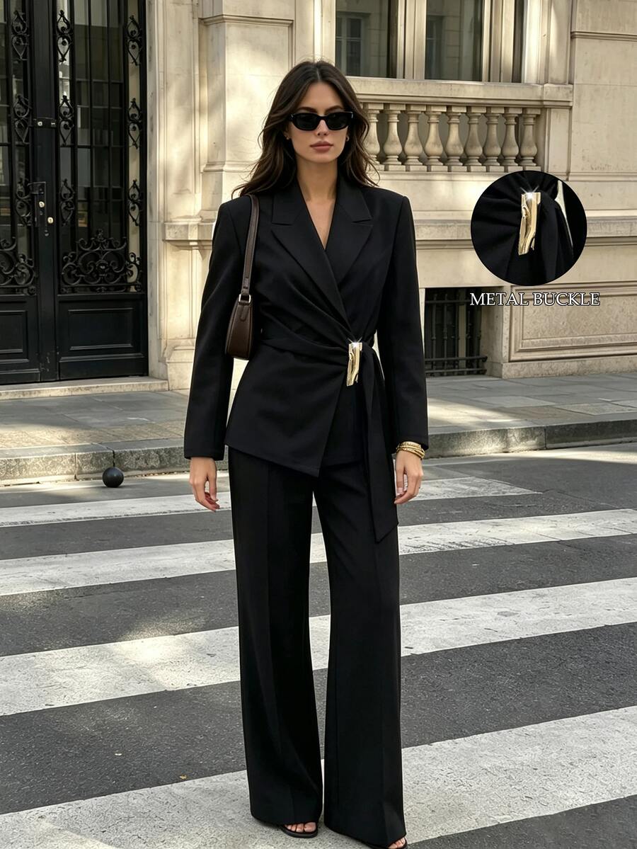 Velvienne Plus Size Woven Fashionable And Elegant Business Casual Suit Set - Black - View 1
