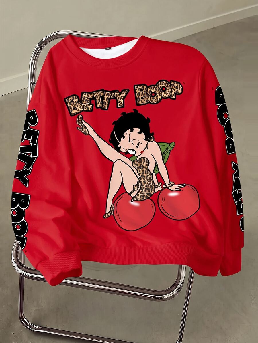 Betty Boop x SHEIN 女士休闲字母卡通图案圆领卫衣,秋季款 - 白色 - 查看 1