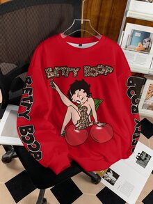 Betty Boop x SHEIN 女士休闲字母卡通图案圆领卫衣，秋季款 - 白色 - 查看 3