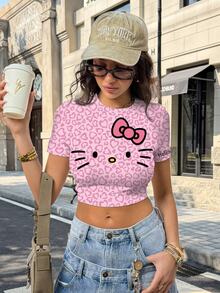 HELLO KITTY AND FRIENDS | SHEIN Women's Heart Print Round Neck Short Sleeve Cropped T-Shirt - White - View 3