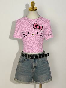 HELLO KITTY AND FRIENDS | SHEIN Women's Heart Print Round Neck Short Sleeve Cropped T-Shirt - White - View 4