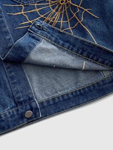 ROMWE MEN Street Life Men's Vintage Washed Denim Jacket, Gothic Spider Web Embroidery Casual Mid-Blue Denim Jacket, Loose Fit, Street Hip-Hop Style Workwear Jacket, Suitable For Daily And Streetwear - Blue - View 7