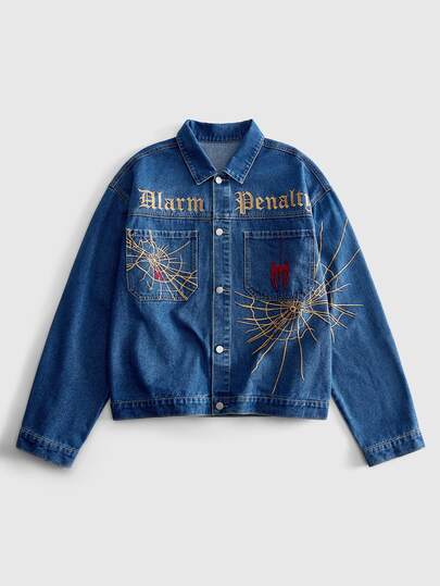 Street Life Veste en jean vintage lavée pour hommes, veste en jean bleu moyen décontractée avec broderie de toile d'araignée gothique, coupe ample, style streetwear hip-hop, convient pour un usage quotidien et streetwear