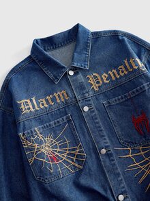 ROMWE MEN Street Life Men's Vintage Washed Denim Jacket, Gothic Spider Web Embroidery Casual Mid-Blue Denim Jacket, Loose Fit, Street Hip-Hop Style Workwear Jacket, Suitable For Daily And Streetwear - Blue - View 3
