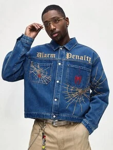 ROMWE MEN Street Life Men's Vintage Washed Denim Jacket, Gothic Spider Web Embroidery Casual Mid-Blue Denim Jacket, Loose Fit, Street Hip-Hop Style Workwear Jacket, Suitable For Daily And Streetwear - Blue - View 1