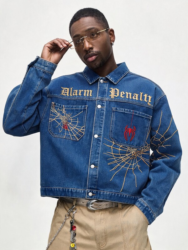 ROMWE MEN Street Life Men's Vintage Washed Denim Jacket, Gothic Spider Web Embroidery Casual Mid-Blue Denim Jacket, Loose Fit, Street Hip-Hop Style Workwear Jacket, Suitable For Daily And Streetwear