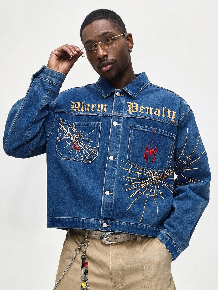 ROMWE MEN Street Life Men's Vintage Washed Denim Jacket, Gothic Spider Web Embroidery Casual Mid-Blue Denim Jacket, Loose Fit, Street Hip-Hop Style Workwear Jacket, Suitable For Daily And Streetwear - Blue - View 1