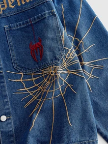 ROMWE MEN Street Life Men's Vintage Washed Denim Jacket, Gothic Spider Web Embroidery Casual Mid-Blue Denim Jacket, Loose Fit, Street Hip-Hop Style Workwear Jacket, Suitable For Daily And Streetwear - Blue - View 4