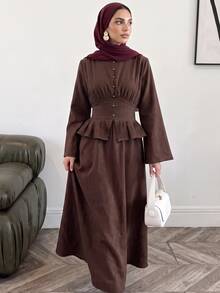 Veilorie Women's Solid Color Round Neck Bell Sleeve Button Design Patchwork Ruffle Hem Elegant Long Dress - Brown - View 5