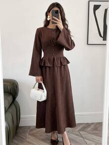 Veilorie Women's Solid Color Round Neck Bell Sleeve Button Design Patchwork Ruffle Hem Elegant Long Dress - Brown - View 1