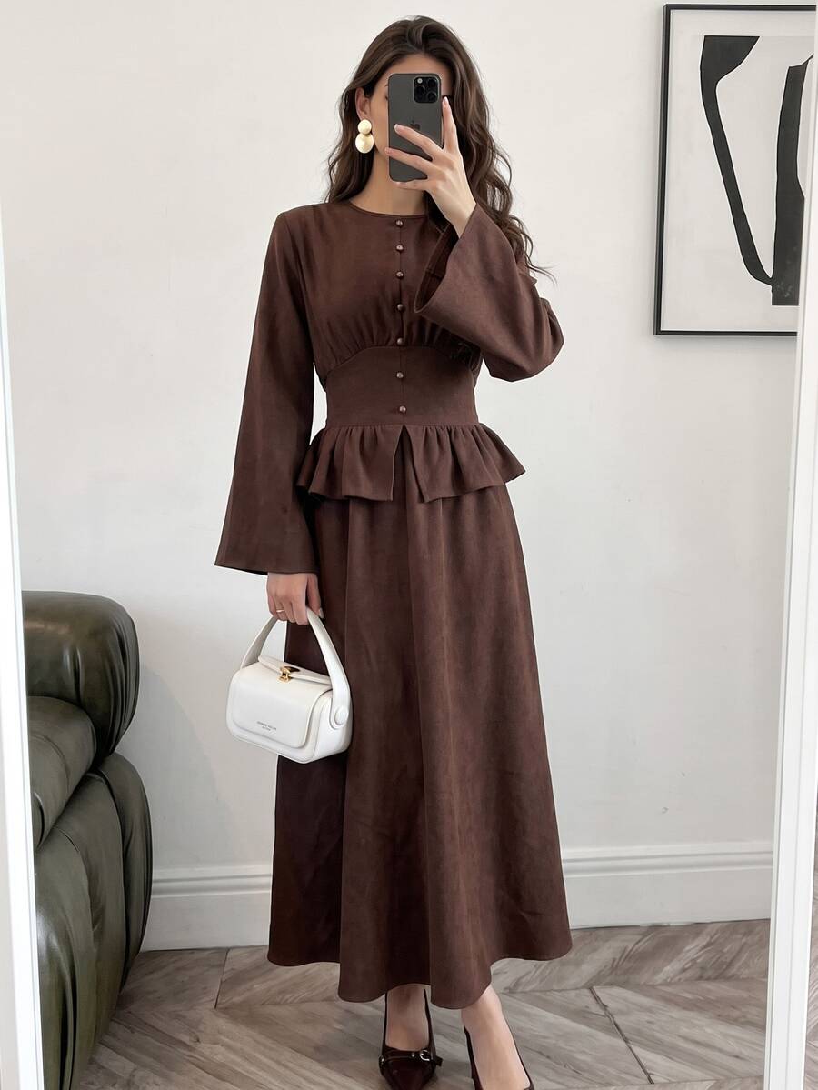 Veilorie Women's Solid Color Round Neck Bell Sleeve Button Design Patchwork Ruffle Hem Elegant Long Dress - Brown - View 1
