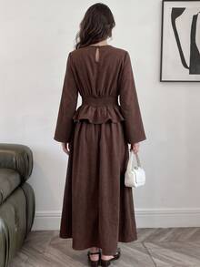 Veilorie Women's Solid Color Round Neck Bell Sleeve Button Design Patchwork Ruffle Hem Elegant Long Dress - Brown - View 2