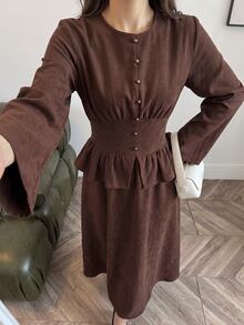 Veilorie Women's Solid Color Round Neck Bell Sleeve Button Design Patchwork Ruffle Hem Elegant Long Dress - Brown - View 3