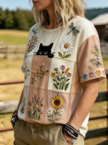 Selamara Plus Size Women's Cat & Floral Print Round Neck Short Sleeve Casual T-Shirt - Multicolor - View 3