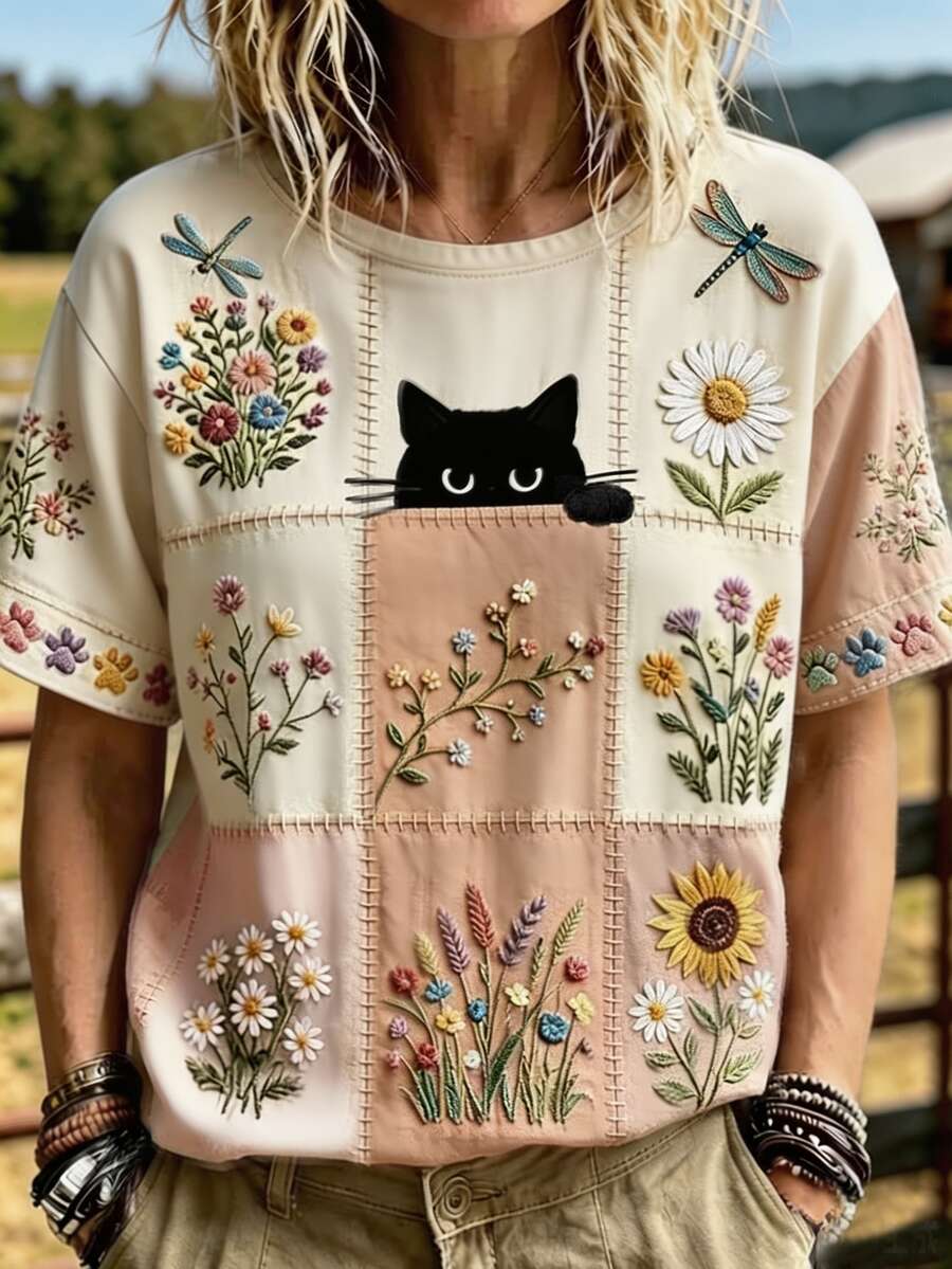 Selamara Plus Size Women's Cat & Floral Print Round Neck Short Sleeve Casual T-Shirt - Multicolor - View 1
