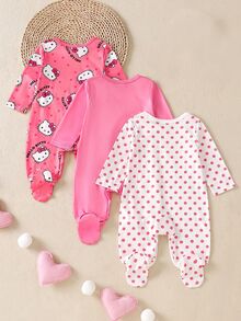HELLO KITTY AND FRIENDS | SHEIN 新生兒可愛卡通印花圓領居家連身衣 3件套 - 彩色 - 查看 8