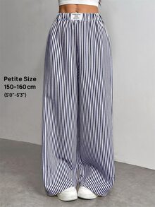 SHEIN PETITE 女款休閒彈性腰藍白條紋紋理拼接長褲，適合早午餐、峇里島度假、海灘、秋季穿著 - 藍白色 - 查看 1
