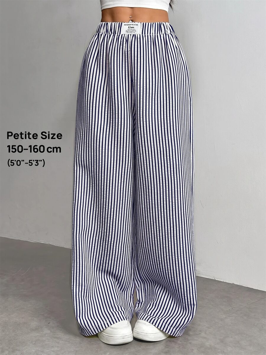 SHEIN PETITE 女款休閒彈性腰藍白條紋紋理拼接長褲,適合早午餐、峇里島度假、海灘、秋季穿著 - 藍白色 - 查看 1