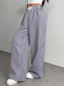 SHEIN PETITE 女款休閒彈性腰藍白條紋紋理拼接長褲，適合早午餐、峇里島度假、海灘、秋季穿著 - 藍白色 - 查看 4