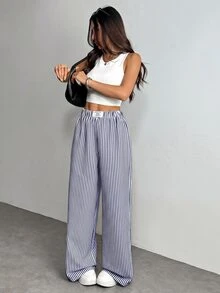 SHEIN PETITE 女款休閒彈性腰藍白條紋紋理拼接長褲，適合早午餐、峇里島度假、海灘、秋季穿著 - 藍白色 - 查看 3