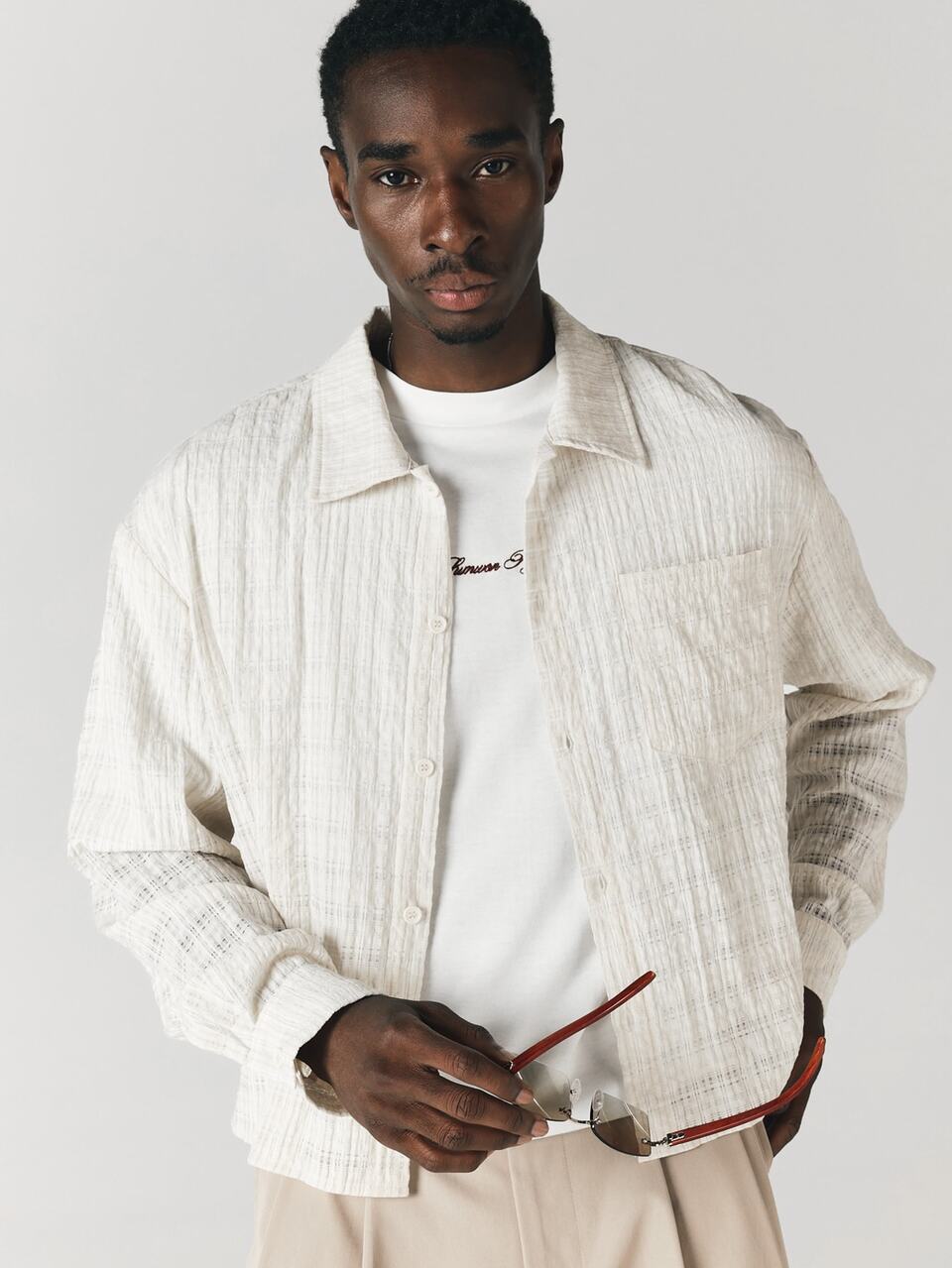 Textured Woven Checked Overshirt With Spread Collar Long Sleeve Button Front Chest Pocket Summer Holiday Vacation Shirt