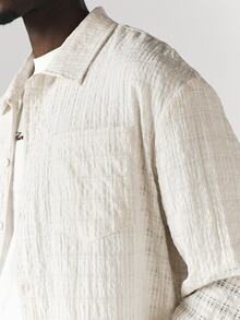 SUMWON Textured Woven Checked Overshirt With Spread Collar Long Sleeve Button Front Chest Pocket Summer Holiday Vacation Shirt - Apricot - View 5