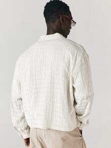 SUMWON Textured Woven Checked Overshirt With Spread Collar Long Sleeve Button Front Chest Pocket Summer Holiday Vacation Shirt - Apricot - View 3