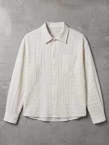 SUMWON Textured Woven Checked Overshirt With Spread Collar Long Sleeve Button Front Chest Pocket Summer Holiday Vacation Shirt - Apricot - View 1