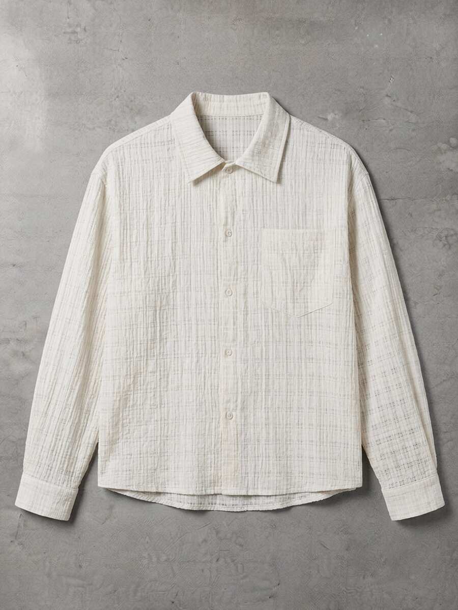 SUMWON Textured Woven Checked Overshirt With Spread Collar Long Sleeve Button Front Chest Pocket Summer Holiday Vacation Shirt - Apricot - View 1