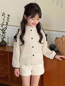 DAZY Young Girl) Apricot Polka Dot Cold Shoulder Casual Autumn Blouse Top Contrast Color Shirt - Beige - View 3