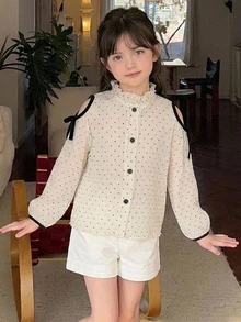 DAZY Young Girl) Apricot Polka Dot Cold Shoulder Casual Autumn Blouse Top Contrast Color Shirt - Beige - View 5