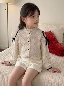 DAZY Young Girl) Apricot Polka Dot Cold Shoulder Casual Autumn Blouse Top Contrast Color Shirt - Beige - View 4