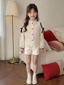 DAZY Young Girl) Apricot Polka Dot Cold Shoulder Casual Autumn Blouse Top Contrast Color Shirt - Beige - View 6