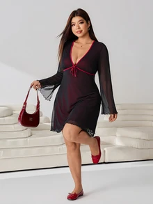Solflare Plus Size Women Deep V-Neck Color Block Casual Party Dress,Halloween,Festival Outfits - Multicolor - View 4
