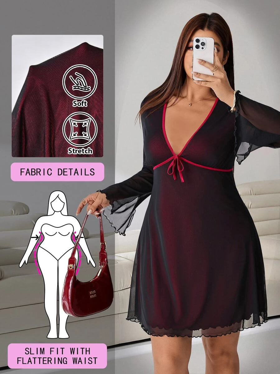 Solflare Plus Size Women Deep V-Neck Color Block Casual Party Dress,Halloween,Festival Outfits - Multicolor - View 1