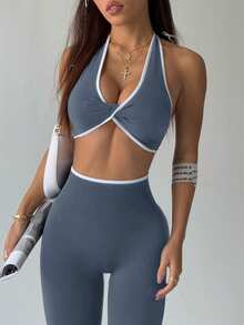 SHEIN Sovereign Charm Women's Yoga Colorblock Sports Set Gym Slate Blue Summer Modest Sporty - Grey - View 4