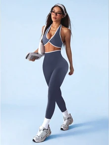 SHEIN Sovereign Charm Women's Yoga Colorblock Sports Set Gym Slate Blue Summer Modest Sporty - Grey - View 1