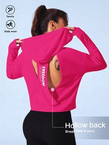 SHEIN Sovereign Charm 女款字母印花露背連帽衛衣 - 玫紅色 - 查看 2