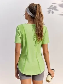 In My Nature 女款橄欖綠純色露背短袖戶外登山健身運動上衣，休閒百搭日常運動T恤，適合秋季 - 薄荷綠 - 查看 2