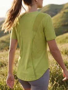 In My Nature 女款橄欖綠純色露背短袖戶外登山健身運動上衣，休閒百搭日常運動T恤，適合秋季 - 薄荷綠 - 查看 1