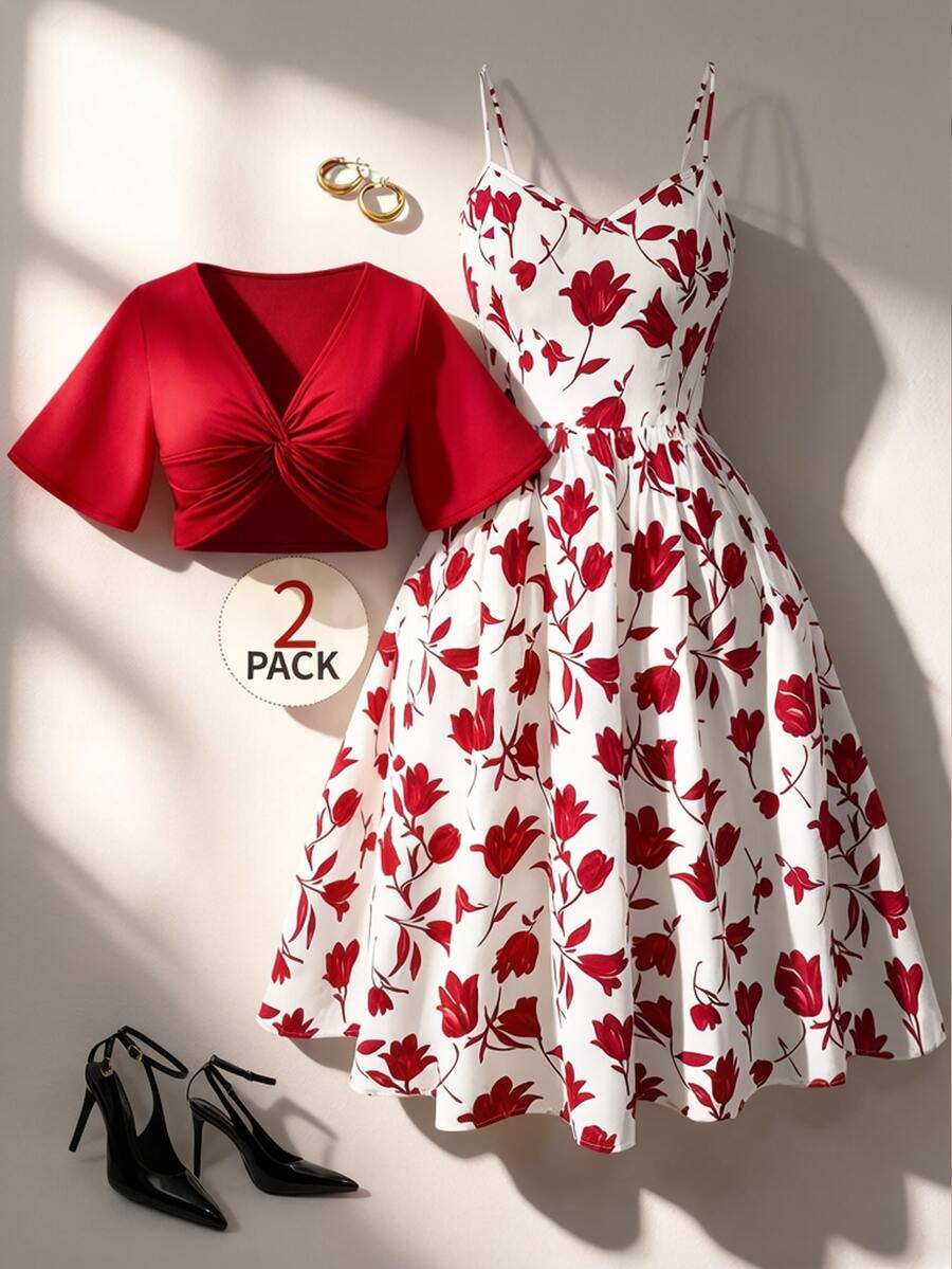 Franclia Plus Size Women 2 Pieces Set,Solid Color Short Sleeve Top&Floral Print Slip Dress,White,Summer,1920s Flapper,Party Retro Cherry Picnic Hibiscus Outfits - Hot Pink - View 1