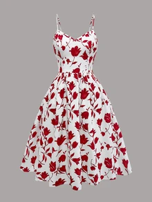 Franclia Plus Size Women 2 Pieces Set,Solid Color Short Sleeve Top&Floral Print Slip Dress,White,Summer,1920s Flapper,Party Retro Cherry Picnic Hibiscus Outfits - Hot Pink - View 5