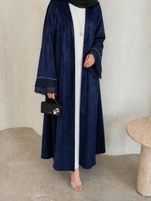 Al Najma Women's Long Sleeve Lace Patchwork Beaded Jacquard Elegant Versatile Luxury Plus Size Arabic Abaya - Blue - View 4