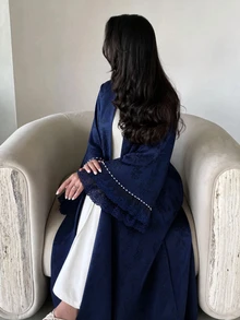 Al Najma Women's Long Sleeve Lace Patchwork Beaded Jacquard Elegant Versatile Luxury Plus Size Arabic Abaya - Blue - View 6