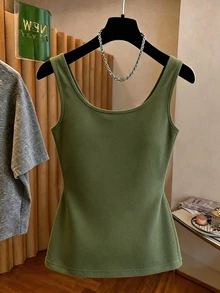 SHEIN Franclia Women's Spring/Summer French Romantic Style Butterfly Floral Print Fitted Tank Top, All-Match U-Neck Sleeveless Design, Delicate Butterfly Floral Print, Slim Fit, Soft Skin-Friendly Fabric, Versatile For Layering Or Wearing Alone In Summer, Romantic Vibe, Women's Butterfly Floral Print Tank Top - Army Green - View 2